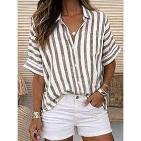 Femmes Chemises effet lin Chemisier Chemise en faux lin Boutons Imprimé Rayé Élégant Occasionnel Demi Manches Col de chemise Hauts Réguliers Quotidien Bleu Noi