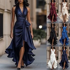 Femmes Robe Maxi Robe en Satin Robe de Bal Robe trapèze Élégant Mode Moderne Soirée Occasion Spéciale Cocktail Coupe régulière Uni Sans manches Col en V Blanch