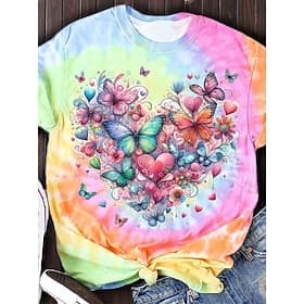 Femmes T-shirt Imprimé Graphique Papillon Teinture par nouage ancien Élégant Classique Manche Courte Col ras du cou Hauts Réguliers Quotidien Bleu Rose Claire