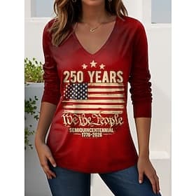 Independence Day American Anniversary Patriotic Women's T Shirt Print Graphic American Flag Vintage Stylish Casual Long Sleeve V Neck Regular Tops Daily Weeken