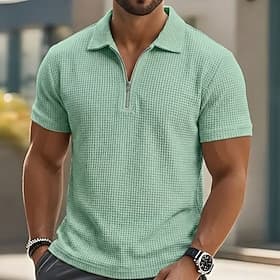 Voor heren Wafel Poloshirts Polo met rits Casual Fitness Revers Kwart ritssluiting Korte mouw Modieus Spier Effen Kleur Effen Vetoketju Zomer Lente Extra groot