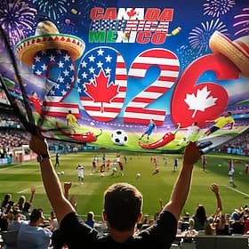 Hintergrund mit Bannerflaggen zum Fußballpokal 2026 und nationalen Symbolen, ideal für Pokalfeiern und Sportveranstaltungen, farbenfrohe Flagge zur Unterstützu