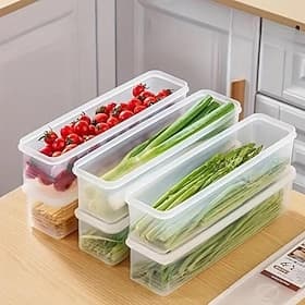 6 Pack Stackable Fridge Organizer Containers with Lid Removable Drain Tray, Long Food Storage Boxes for Meat, Fish, Vegetables, Noodles, Scallions Herbs
