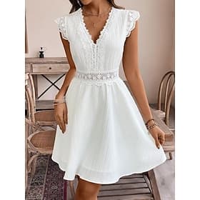 Femmes Mini Robe Robe en Dentelle Robe Blanche Élégant Mode Moderne Extérieur Vacances Sortir Coupe régulière Uni Manche Courte Col en V Noir Blanche Été Print