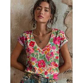 Femmes T-shirt Imprimé Fleuri Graphique Géométrique ancien Élégant Classique Manche Courte Col en V Hauts Réguliers Quotidien Vin Rouge Orange Été Printemps