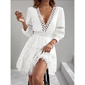 Femmes Mini Robe Robe en Dentelle Robe Blanche Élégant Mode Moderne Extérieur Vacances Sortir Coupe régulière Uni manche longue Col en V Blanche Été Printemps
