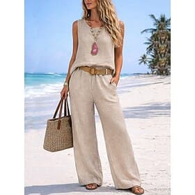 Femmes Ensembles de Pantalons boléro Sans manches Col ras du cou Couleur Unie Mode Streetwear Occasionnel Quotidien Extérieur Beige Été Coupe régulière