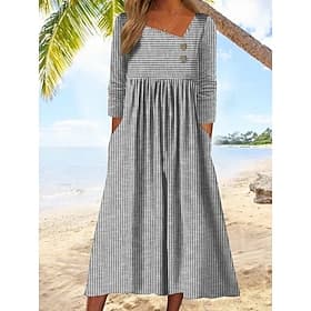 Women's Midi Dress Casual Dress Sundress Print Dress Elegant Fashion Modern Outdoor Beach Vacation Regular Fit Striped Long Sleeve V Neck Red Green Gray Summer