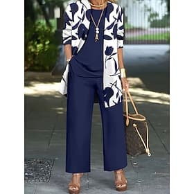 Women's Pants Sets Bolero Top Sleeveless Long Sleeve Round Neck Floral Graphic Print Fashion Streetwear Casual Daily Outdoor Blue Black Wine Summer Regular Fit