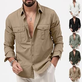 Men's Shirt Casual Shirt Button Up Shirt Cargo Shirt Black White Green khaki Military Green Long Sleeve Plain Shirt Collar Casual Daily Front Pocket Clothing A