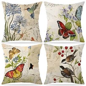 Spring Floral Bird Throw Pillow Cover Flower and Bird Printed Linen Cushion Cover Decorative Pillowcase for Living Room Sofa Home Decor