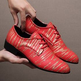 Men's Red Gold Striped Faux Leather Dress Shoes – Stylish Formal Footwear for Weddings Business Events