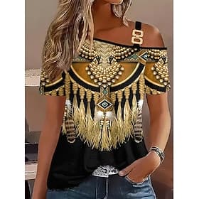 Femmes T-shirt Imprimé Asymétrique Fleuri Graphique Plantes Élégant Classique Occasionnel Manche Courte Épaules Dénudées Col asymétrique Hauts Réguliers Quotid