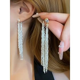 Women's Alloy Tassel Dangle Earrings, Elegant Long Chain Fringe Drop Jewelry, Sparkling Statement Style for Wedding, Evening Party Formal Events
