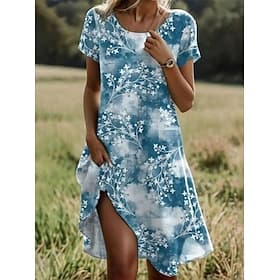 Women's Mini Dress Sundress T Shirt Dress Tee Dress A Line Dress Vacation Casual Outdoor Beach Going out Loose Fit Floral Graphic Short Sleeve Crewneck Blue Wh