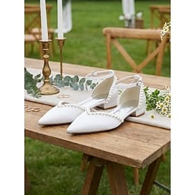 scarpe da sposa basse color avorio e perle da donna, scarpe da sposa basse con punta a punta e cinturino alla caviglia, eleganti scarpe da sposa da giardino pe