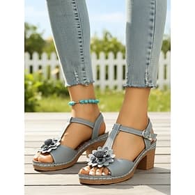 Sandales à talon bloc grises à motif floral pour femme, avec bride cheville – chaussures décontractées et confortables pour le quotidien, les voyages et les so