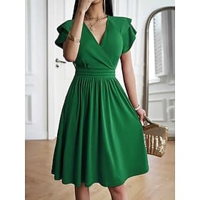Femmes Robe Midi Robe trapèze Robe d'été Occasionnel Quotidien Coupe régulière Uni Manche Courte Col en V Bleu Noir Vin Vert Été Printemps