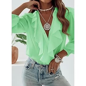 Women's Shirt Ruffle Buttons Plain Ladies Long Sleeve Lantern Sleeve Shirt Collar Regular Tops Daily Work Grass Green Green Beige Rose Pink Summer Spring