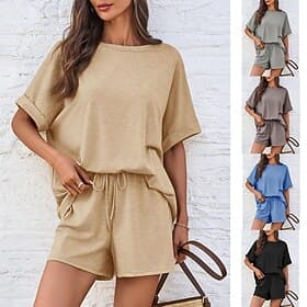 Damen Shorts-Sets Bolero-Oberteil Kurzarm Rundhals Einfarbig Kordelzug Mode Streetwear Lässig Täglich Outdoor Blau Schwarz Braun Sommer Lässiger Schnitt