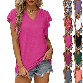 Femmes T-shirt Hauts d'été Graphique Plantes Élégant Classique Manche Courte Col en V Hauts Longs Quotidien Tenue de soirée Sports Bleu Gris bleu rouge violacé