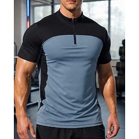 Men's Color Block Running T-Shirt Compression Shirt Athletic Shirt Sports Top Summer Patchwork Quarter Zipper Short Sleeve Quick Dry Moisture Wicking Breathabl