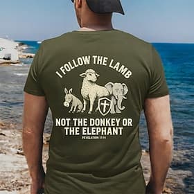 Herren-T-Shirt mit Aufdruck „Ich folge dem Lamm, nicht dem Esel oder dem Elefanten" (Offenbarung 17,14), christlicher Glaube, Rückendruck, Kurzarm, normale Pas