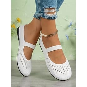 Women's White Flyknit Mary Jane Mules - Breathable Lightweight Casual Shoes for Women, Soft Flexible Flat Shoes for Daily Wear, Walking, Travel and Casual Outi