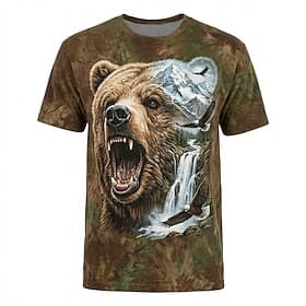 Roaring Grizzly Bear Bald Eagle Mountain Waterfall 3D Graphic T Shirt Mens Brown Tie Dye Wildlife Nature Tee Clothing Apparel S M L XL XXL XXXL