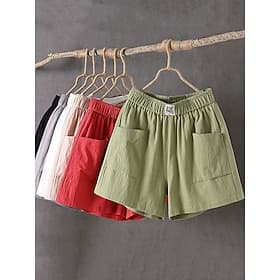 Women's Cotton Linen Shorts Chinos Shorts Summer Shorts Vacation Fashion Streetwear Short High Waist Plain Pocket Elastic Waist Breathability Comfortable Inela