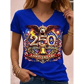Independence Day American Anniversary Patriotic Women's T Shirt Print Graphic Flag Vintage Stylish Classic Short Sleeve V Neck Regular Tops Daily Blue Summer S