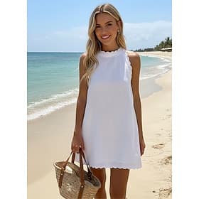 Damen Minikleid Weißes Kleid Abschlusskleid Baumwoll-Leinenkleid Sommerkleid Basic Lässig Täglich Urlaub Date Normale Passform Einfach Ärmellos Rundhalsausschn
