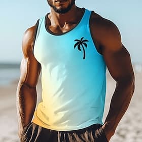 Men's Tank Top Vest Sleeveless Shirt U Neck Summer Cyan Light Blue Yellow Gradient Ombre Minimalist Black Palm Tree Tropical Beach Vacation Fashion Street Casu
