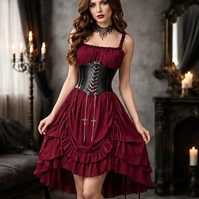 Set Gothic Victorian Renaissance Asymmetrical Dress Corset Necklace with Accessories Princess A-Line Fancy Dress Women's Halloween Carnival Casual Daily Renais