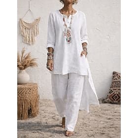 Femmes Chemise Ensemble effet lin Ensembles en coton et lin Pantalons à Jambes Larges manche longue Col en V Uni Mode Streetwear Quotidien Occasionnel Quotidie