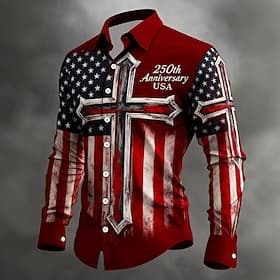 Men's 4th of July U.S. 250th Anniversary Cross US Flag Shirt Button Up Shirt Long Sleeve Patriotic Holiday Casual Daily Spring Fall Turndown 3D Print Linen Lik