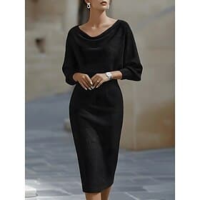 Mulheres Vestido midi Vestido de trabalho Vestido da bainha Elegante Moda Moderno Escritório Delgado Tecido Manga Longa Gola Boba Preto Branco Azul Marinha Cin