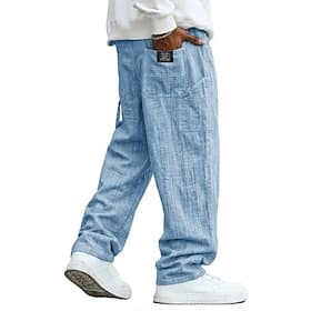 Men's Linen Pants Trousers Summer Pants Baggy Pants Pocket Elastic Waist Straight Leg Solid Color Comfortable Breathable Full Length Casual Daily Holiday Vacat