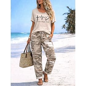 Femmes Ensembles en coton et lin Ensembles de Pantalons Haut boléro Manche 3/4 Col rond Lettre Mode Streetwear Occasionnel Quotidien Extérieur Kaki Été Coupe r