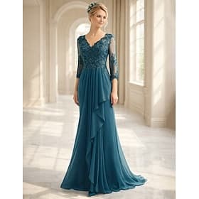 Corte Trompeta Sirena Hasta el Suelo Vestido Invitada Boda Vestido formal Vestido de noche Vestido de Madrina Manga 3/4 Escote en Pico Elegante Formal Invitado