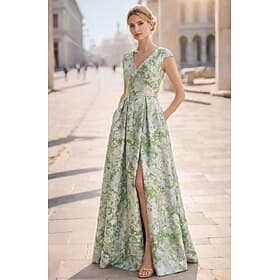 Corte A Hasta el Suelo Vestidos de noche Elegante Vintage Floral Sin Mangas Escote en Pico Fiesta de jardin Boda Bolsillo Jacquard con Estampado flor Abertura