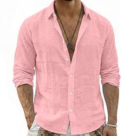 Men's Shirt Linen Shirt Summer Shirt Button Up Shirt Plain Casual Daily Black White Pink Green Long Sleeve Collar Spring Summer Clothing Apparel