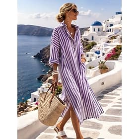 Women's Long Dress Maxi Dress Linen-feel Dresses Shirt Dress Kaftan Dress Stylish Casual Daily Vacation Date Regular Fit Stripe Long Sleeve Lapel Yellow Light
