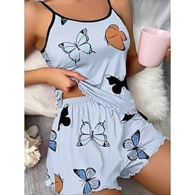 Women's Pajama Set Casual Comfort Butterfly Elastic Waist Shorts Daily Home Sleeveless Crew Neck Blue Pink Beige Summer Spring Regular Fit
