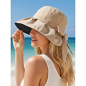 Cappello da sole da donna in poliestere a tesa larga con fiocco, berretto da spiaggia estivo pieghevole con protezione UV in vari colori, elegante per le vacan