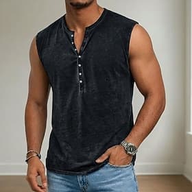 SoftFade™ Men's Tank Top Henley Shirt Sleeveless Henley Summer Spring Print Vintage Casual Garment Dyed Buttons Casual Vacation Yellow Top Tee for Men