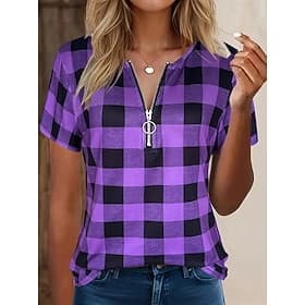 Damen T Shirt Viertel Postleitzahl Grafik Karomuster Tropisch Hawaiianisch Stilvoll Kurzarm Rundhalsausschnitt Normale Oberteile Täglich Sport Ausgehen Blau Ro