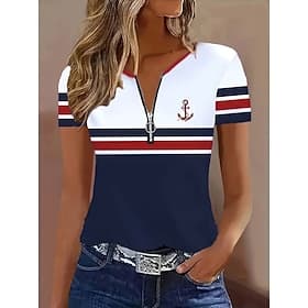 Women's T Shirt Quarter Zip Graphic Geometric Striped Tropical Hawaiian Stylish Short Sleeve Crew Neck Regular Tops Beach Wedding Daily Sports Navy Blue Summer