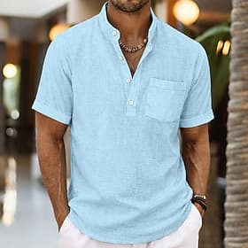 Herren Hemd Leinenhemd Popover-Hemd Sommerhemd Strandhemd Einfach Lässig Täglich Schwarz Weiß Himmelblau Grau Kurzarm Stehkragen Sommer Frühling Sommer Beklei