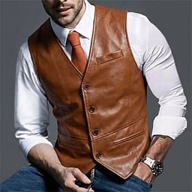 Men Outdoor Vest Suede Vest Casual Formal Vintage Fashion All Seasons Pocket V Neck PU Leather Thermal Warm Fashion Solid Color Single Breasted V Neck Skinny B